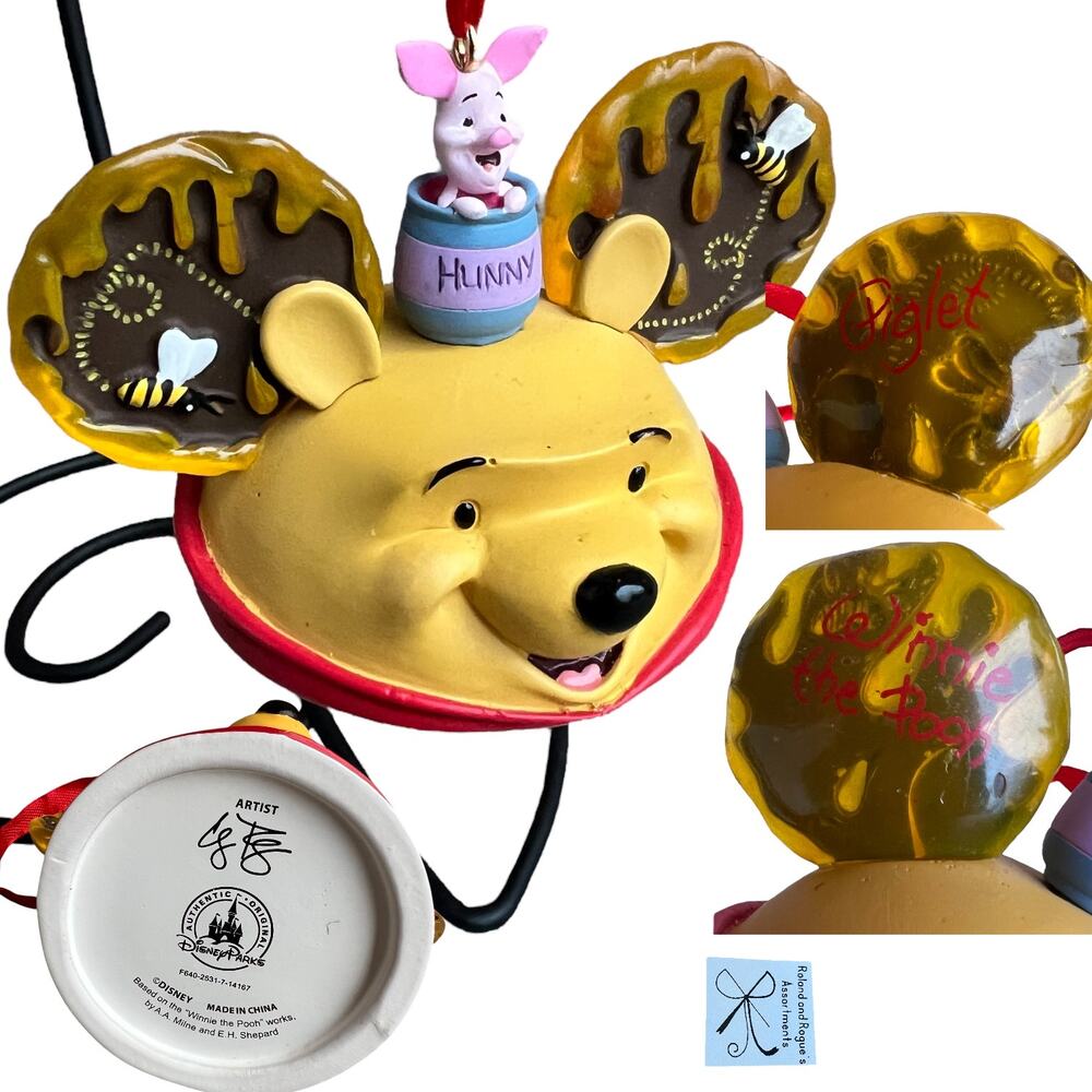 Disney Parks Artist Signed Mickey Mouse Ears Winnie the Pooh Piglet Ornament